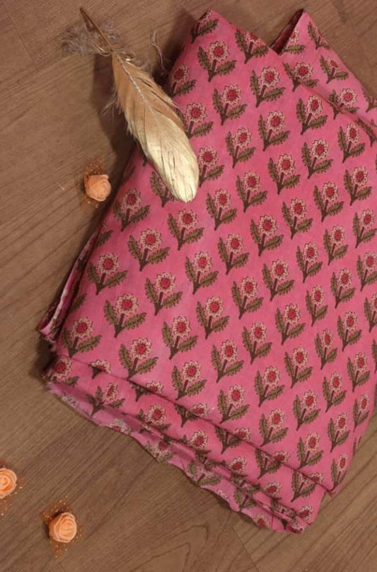 Pink Block Printed Cotton Fabric (1 Mtr) - Luxurion World