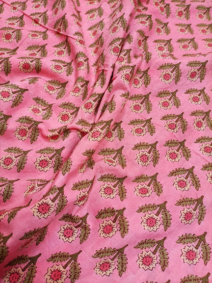 Pink Block Printed Cotton Fabric (1 Mtr) - Luxurion World