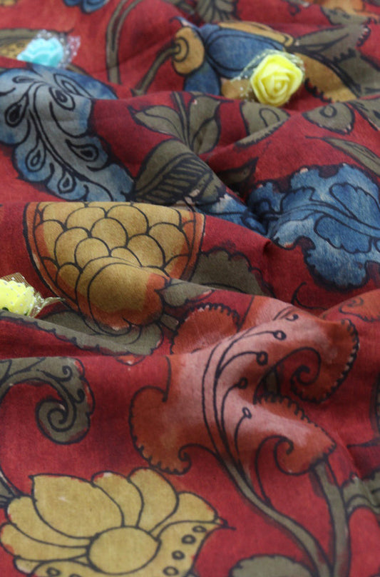 Red Pen Kalamkari Pure Silk Fabric ( 1 Mtr ) - Luxurion World