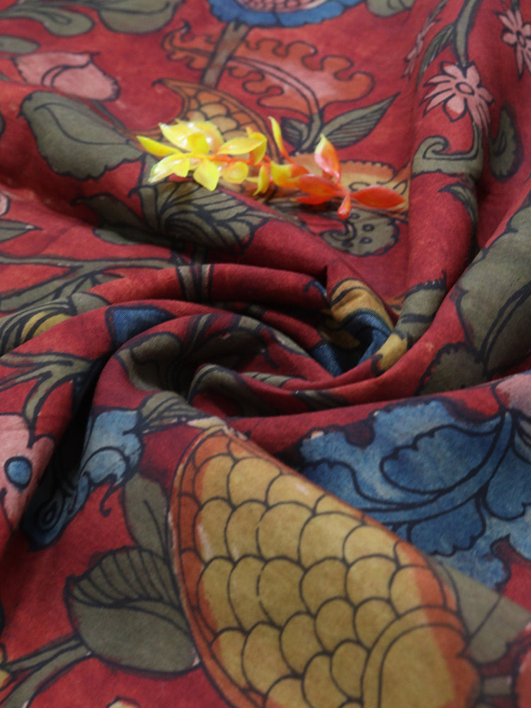 Red Pen Kalamkari Pure Silk Fabric ( 1 Mtr )