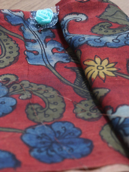 Red Pen Kalamkari Pure Silk Fabric ( 1 Mtr )
