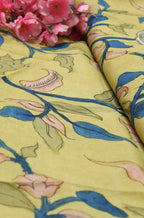 Yellow Pen Kalamkari Pure Silk Fabric ( 1 Mtr ) - Luxurion World