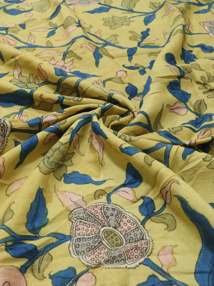 Yellow Pen Kalamkari Pure Silk Fabric ( 1 Mtr )