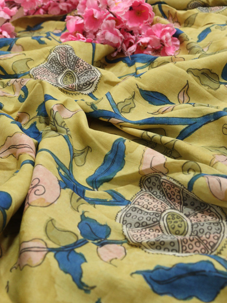 Yellow Pen Kalamkari Pure Silk Fabric ( 1 Mtr ) - Luxurion World