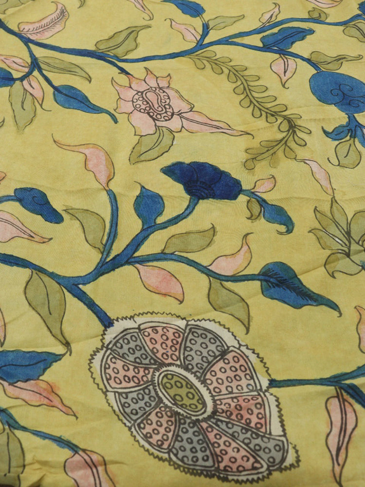 Yellow Pen Kalamkari Pure Silk Fabric ( 1 Mtr )