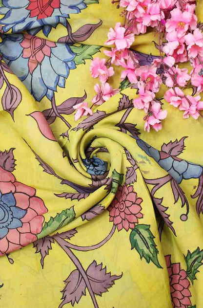 Yellow Pen Kalamkari Pure Silk Fabric (1 Mtr )