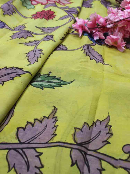 Yellow Pen Kalamkari Pure Silk Fabric (1 Mtr )