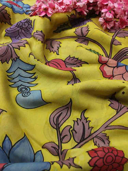 Yellow Pen Kalamkari Pure Silk Fabric (1 Mtr ) - Luxurion World