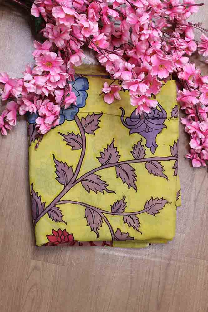 Yellow Pen Kalamkari Pure Silk Fabric (1 Mtr ) - Luxurion World