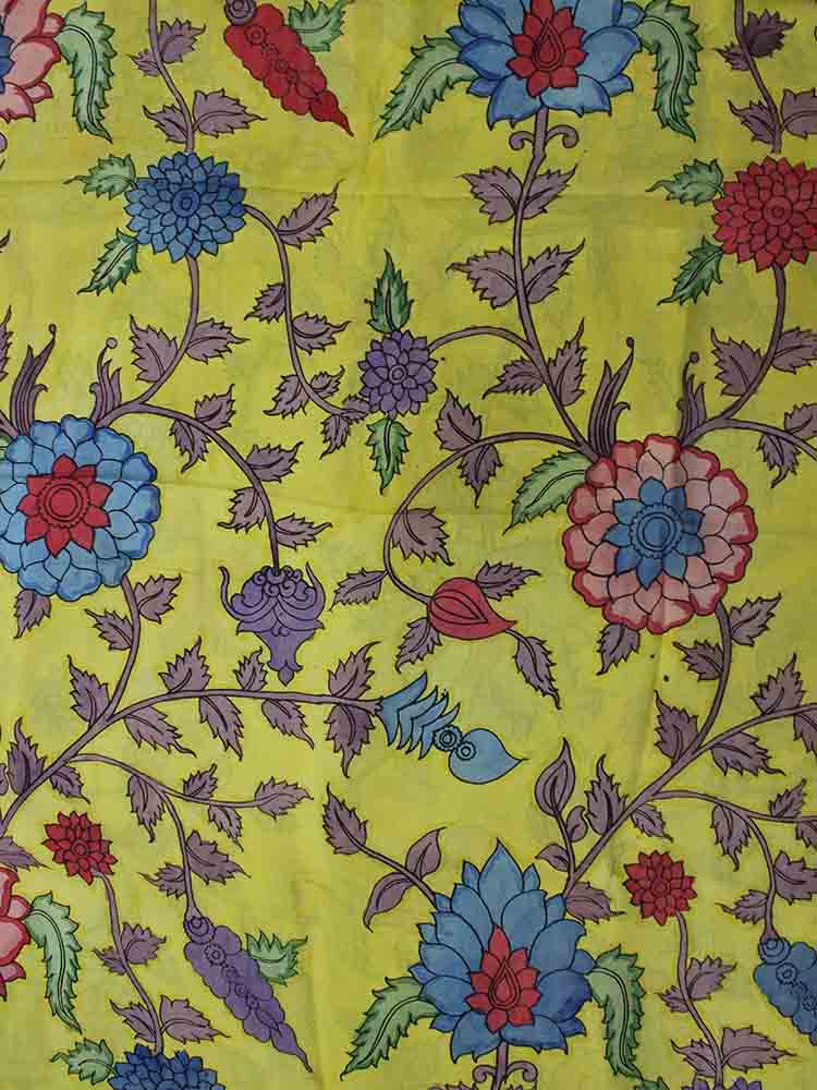 Yellow Pen Kalamkari Pure Silk Fabric (1 Mtr ) - Luxurion World