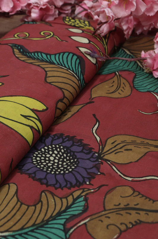 Red Hand Painted Kalamkari Pure Silk Fabric ( 1 Mtr ) - Luxurion World