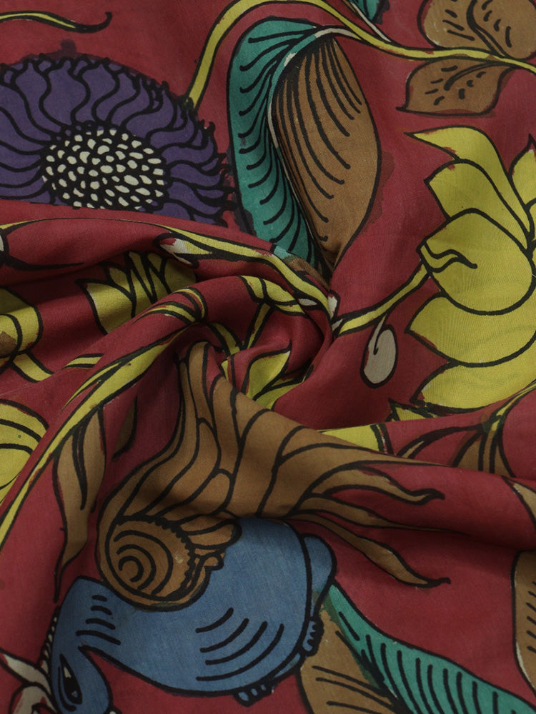 Red Hand Painted Kalamkari Pure Silk Fabric ( 1 Mtr )