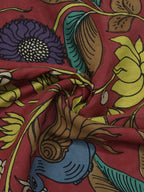 Red Hand Painted Kalamkari Pure Silk Fabric ( 1 Mtr ) - Luxurion World