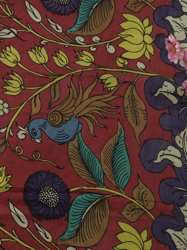 Red Hand Painted Kalamkari Pure Silk Fabric ( 1 Mtr ) - Luxurion World