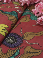 Red Hand Painted Kalamkari Pure Silk Fabric ( 1 Mtr ) - Luxurion World