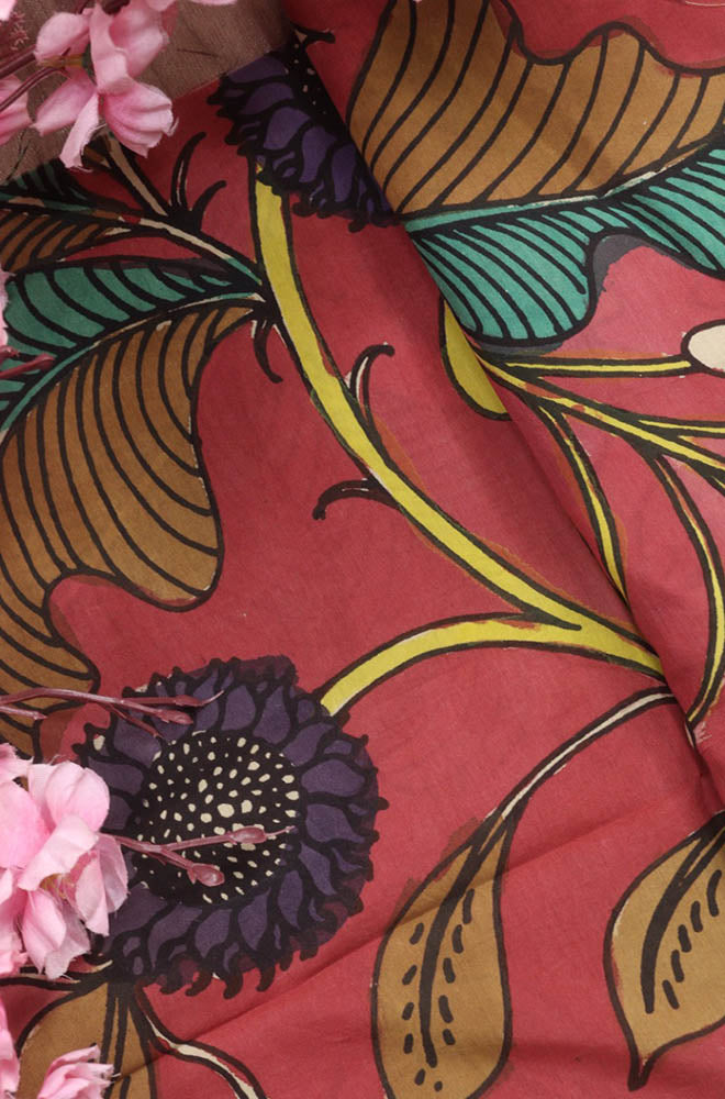 Red Hand Painted Kalamkari Pure Silk Fabric ( 1 Mtr ) - Luxurion World