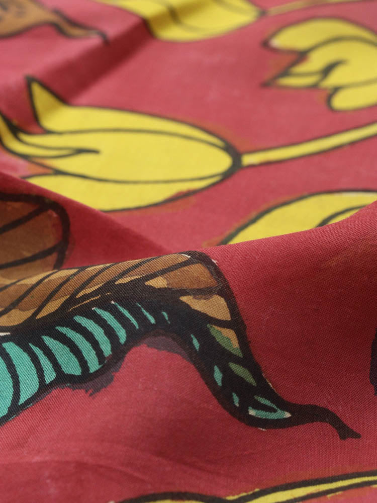 Red Hand Painted Kalamkari Pure Silk Fabric ( 1 Mtr ) - Luxurion World