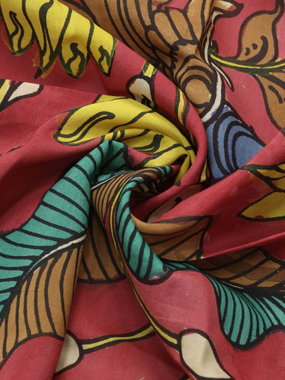 Red Hand Painted Kalamkari Pure Silk Fabric ( 1 Mtr )