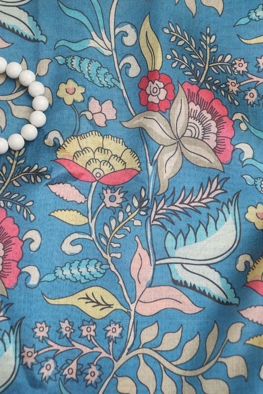 Blue Kalamkari Tussar Silk: Exquisite Digital Print ( 1 Mtr ) - Luxurion World