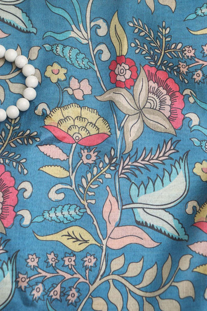 Blue Kalamkari Tussar Silk: Exquisite Digital Print ( 1 Mtr ) - Luxurion World