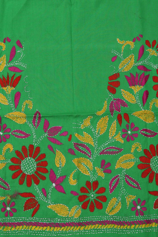 Shop Green Embroidered Kantha Cotton Blouse Fabric - 1 Mtr