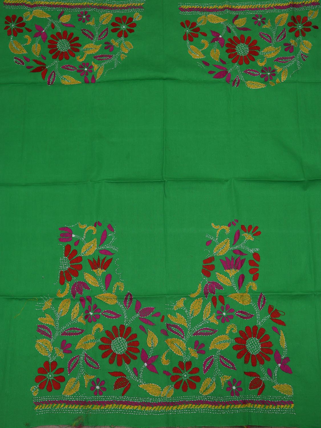 Shop Green Embroidered Kantha Cotton Blouse Fabric - 1 Mtr - Luxurion World