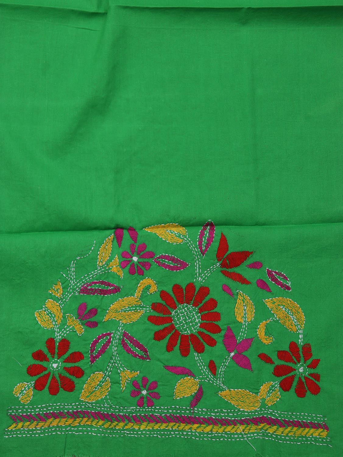 Shop Green Embroidered Kantha Cotton Blouse Fabric - 1 Mtr - Luxurion World