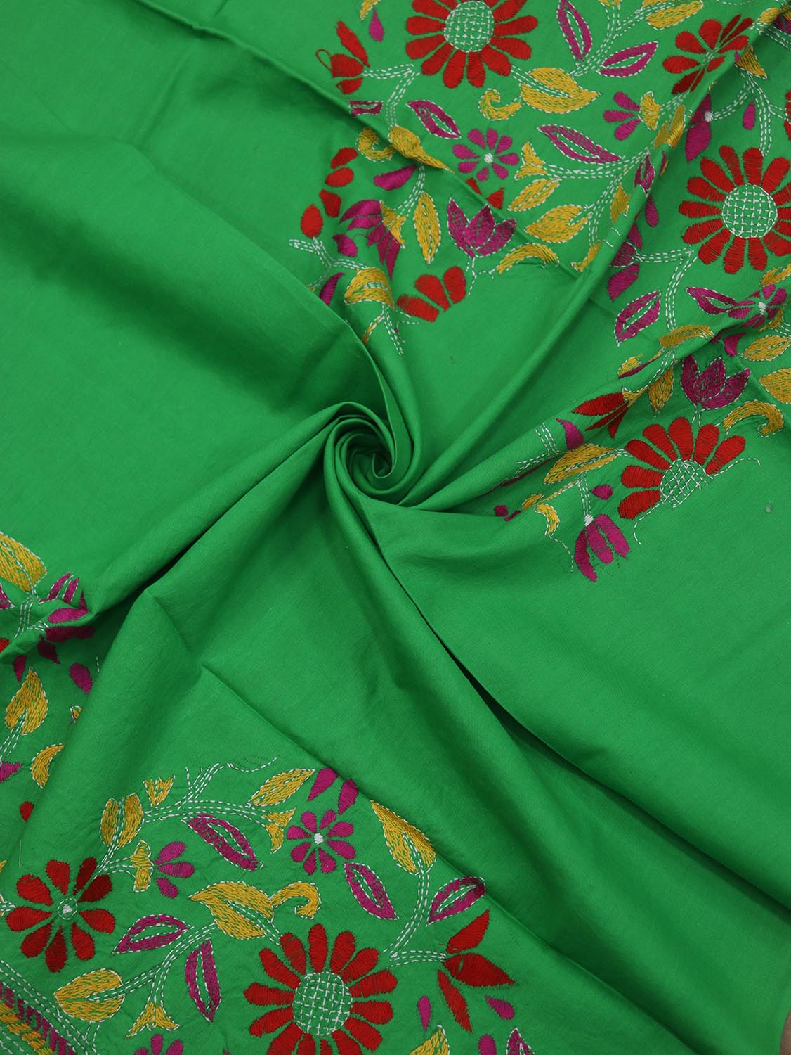Shop Green Embroidered Kantha Cotton Blouse Fabric - 1 Mtr - Luxurion World