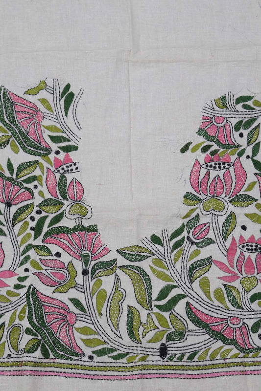 Shop White Embroidered Kantha Cotton Blouse Fabric - 1 Mtr - Luxurion World