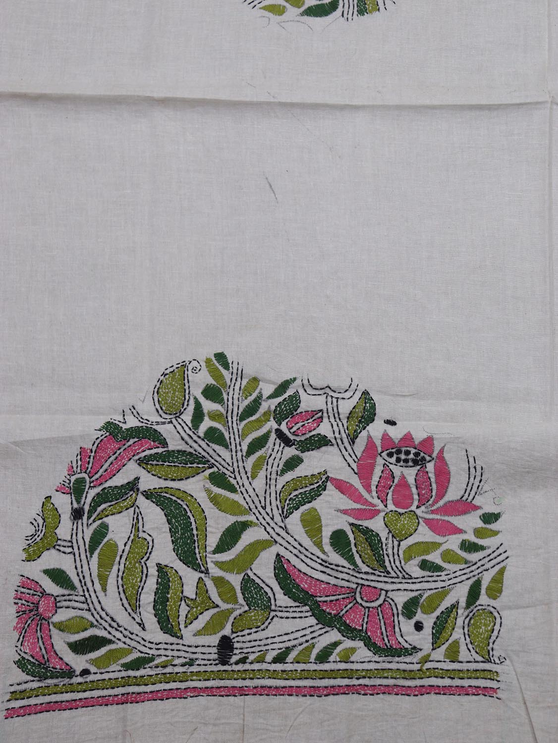 Shop White Embroidered Kantha Cotton Blouse Fabric - 1 Mtr - Luxurion World