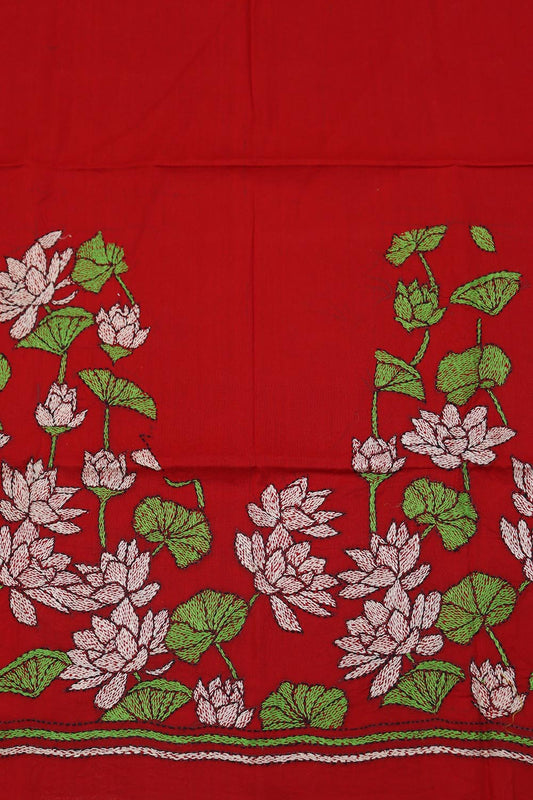 Shop Red Embroidered Kantha Cotton Blouse Fabric - 1 Mtr