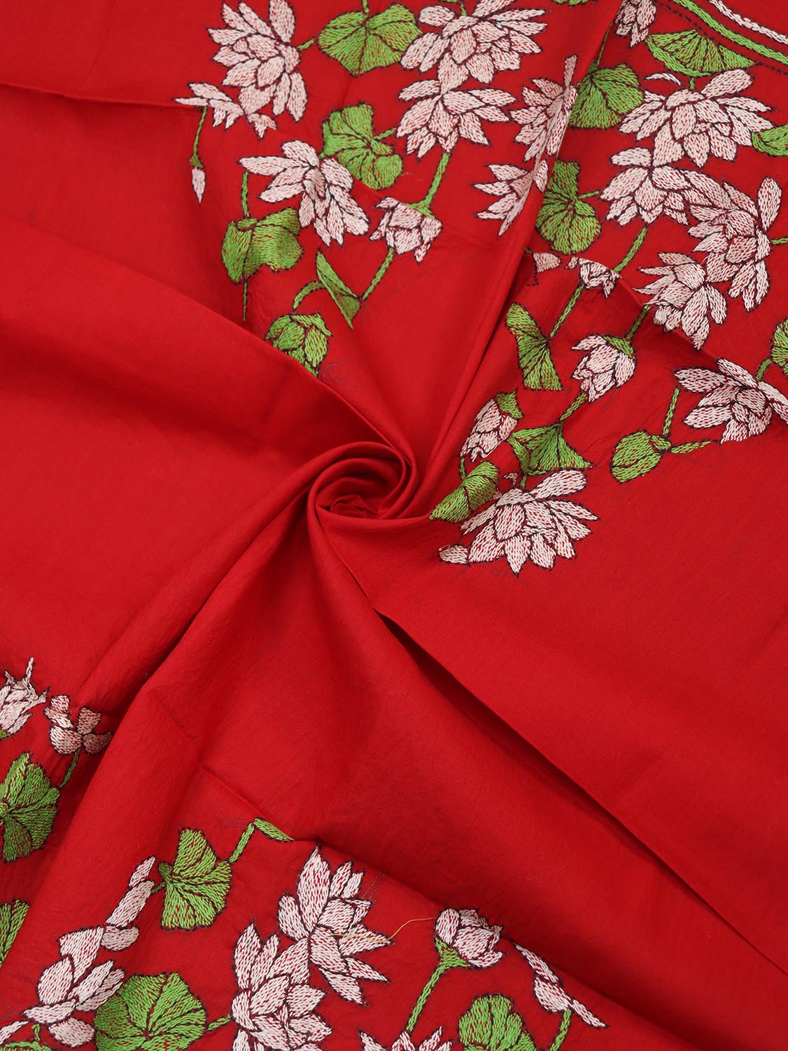 Shop Red Embroidered Kantha Cotton Blouse Fabric - 1 Mtr - Luxurion World