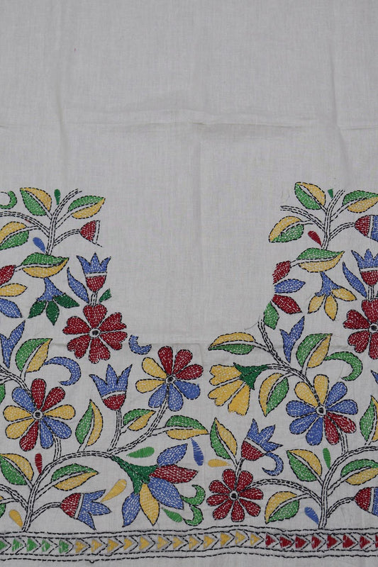 Shop White Embroidered Kantha Cotton Blouse Fabric - 1 Mtr - Luxurion World