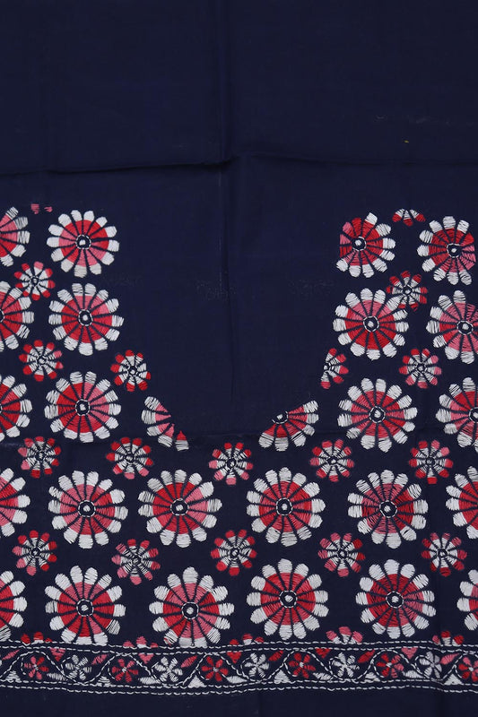 Shop Blue Embroidered Kantha Cotton Blouse Piece Fabric - 1 Mtr