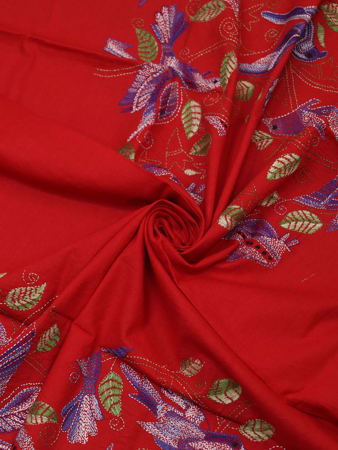 Shop Red Embroidered Kantha Cotton Blouse Piece Fabric (1 Mtr) Online - Luxurion World