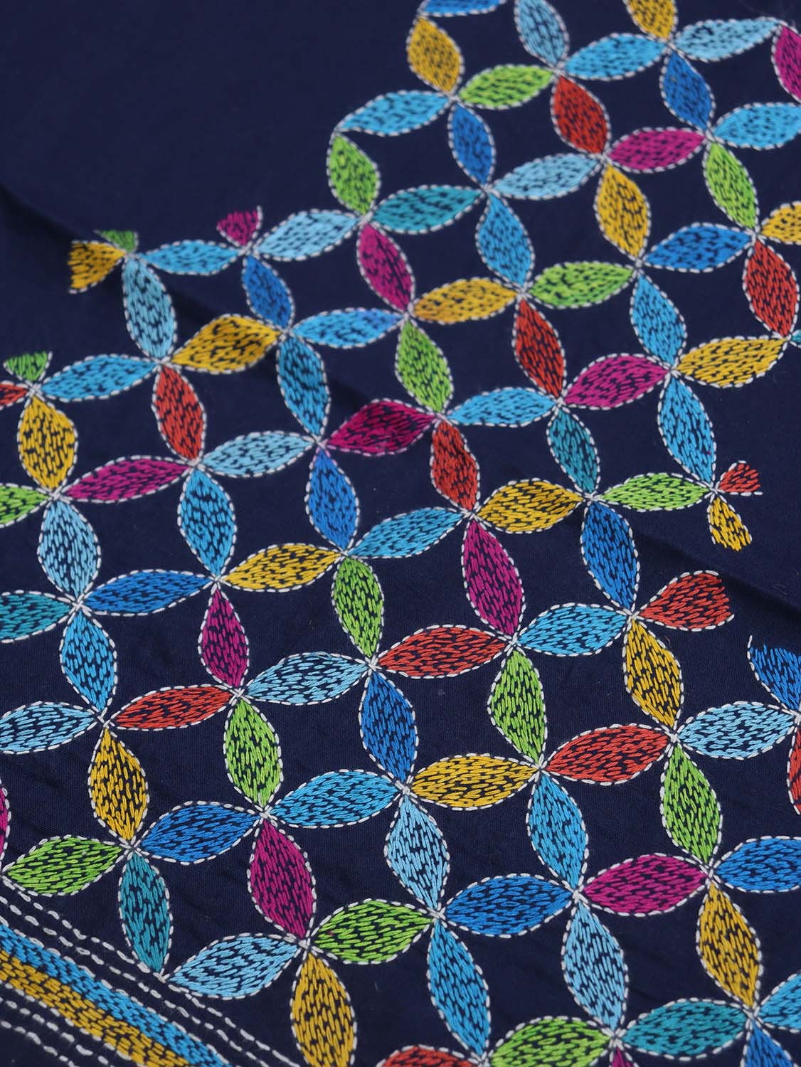 Shop Blue Embroidered Kantha Cotton Blouse Fabric - 1 Mtr Length - Luxurion World