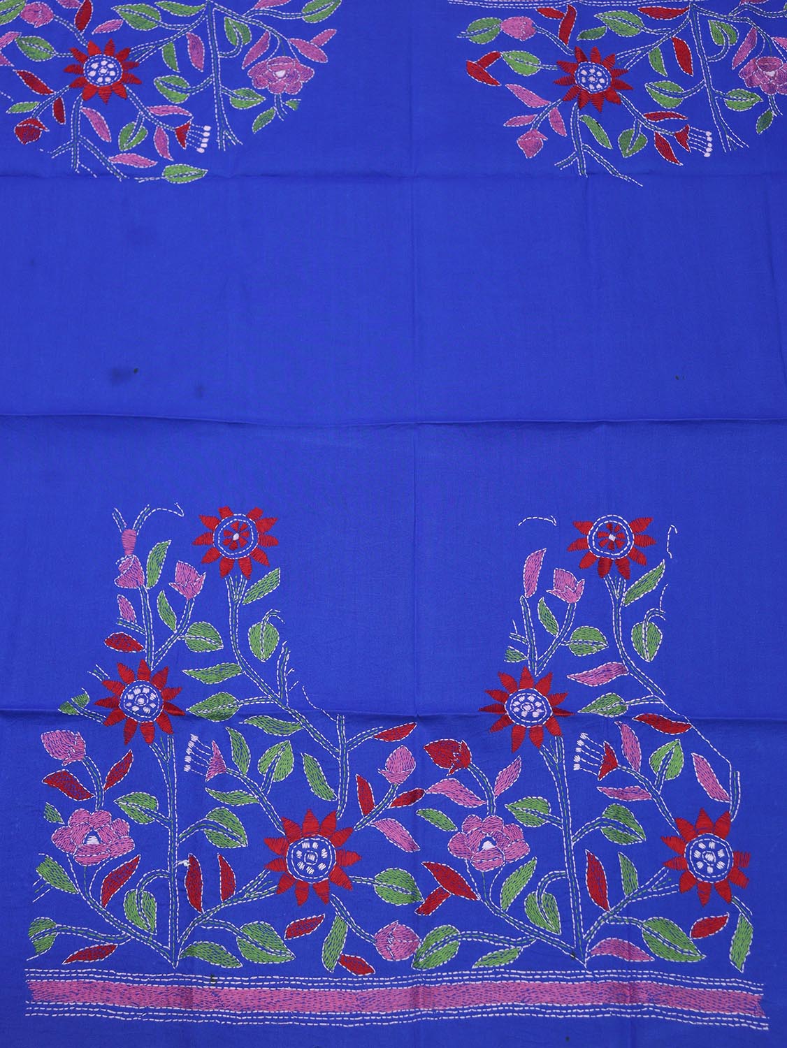 Shop Blue Embroidered Kantha Cotton Blouse Fabric - 1 Mtr Length - Luxurion World