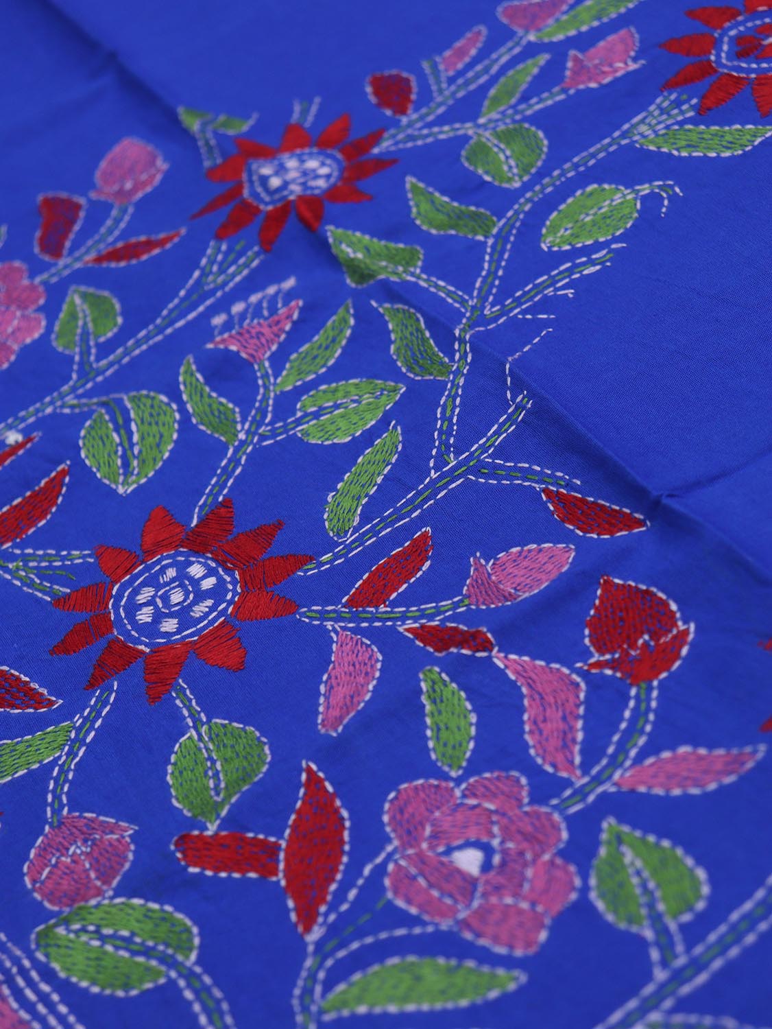 Shop Blue Embroidered Kantha Cotton Blouse Fabric - 1 Mtr Length - Luxurion World