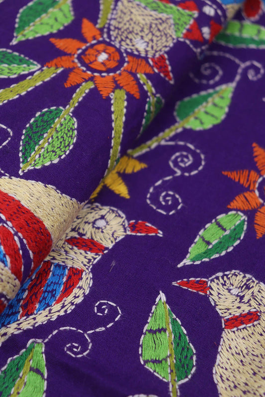 Shop Now: Purple Embroidered Kantha Cotton Blouse Piece Fabric (1 Mtr) - Luxurion World