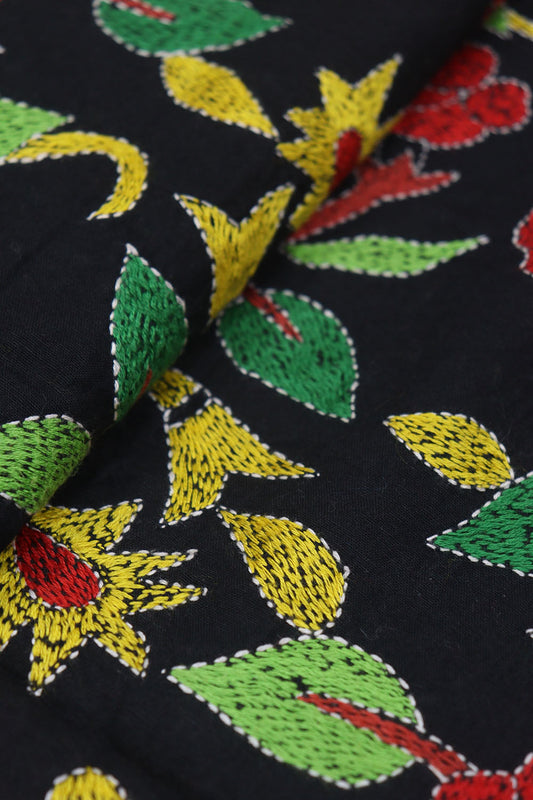 Shop Black Embroidered Kantha Cotton Blouse Fabric - 1 Mtr - Luxurion World
