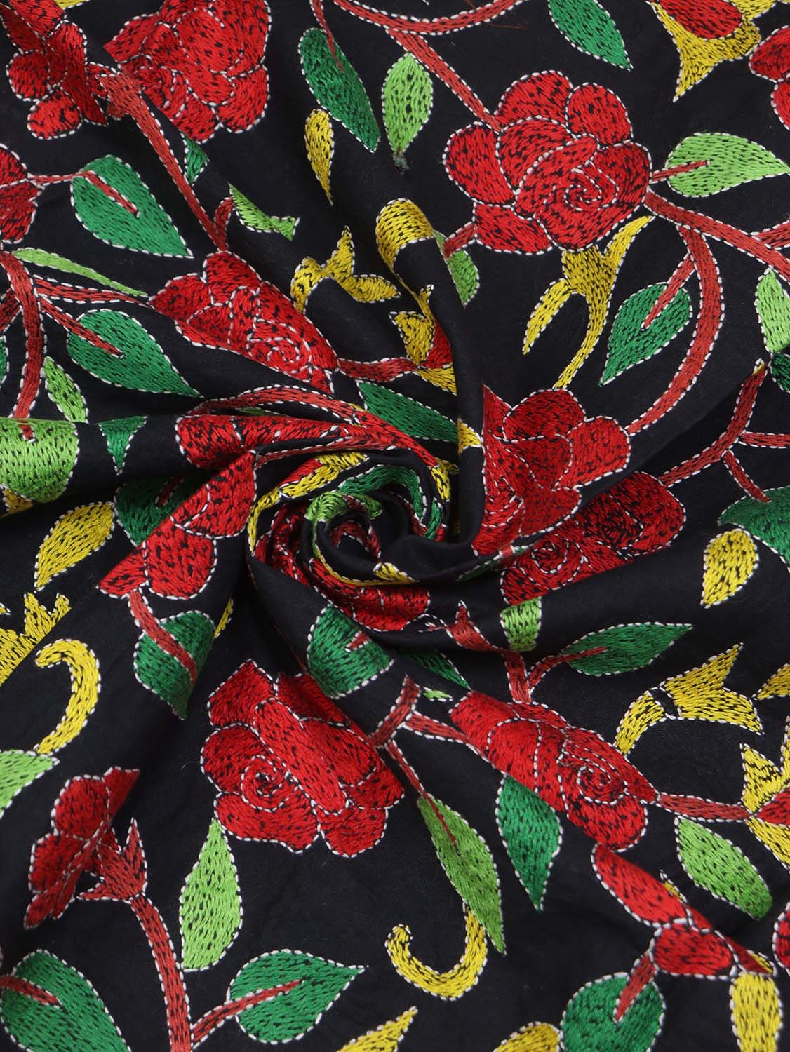 Shop Black Embroidered Kantha Cotton Blouse Fabric - 1 Mtr - Luxurion World