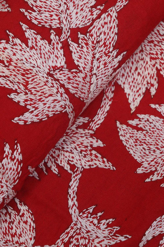Shop Red Embroidered Kantha Cotton Blouse Fabric - 1 Mtr Length - Luxurion World