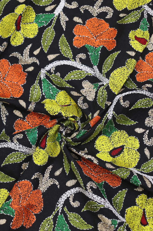 Shop Black Embroidered Kantha Cotton Blouse Fabric - 1 Mtr