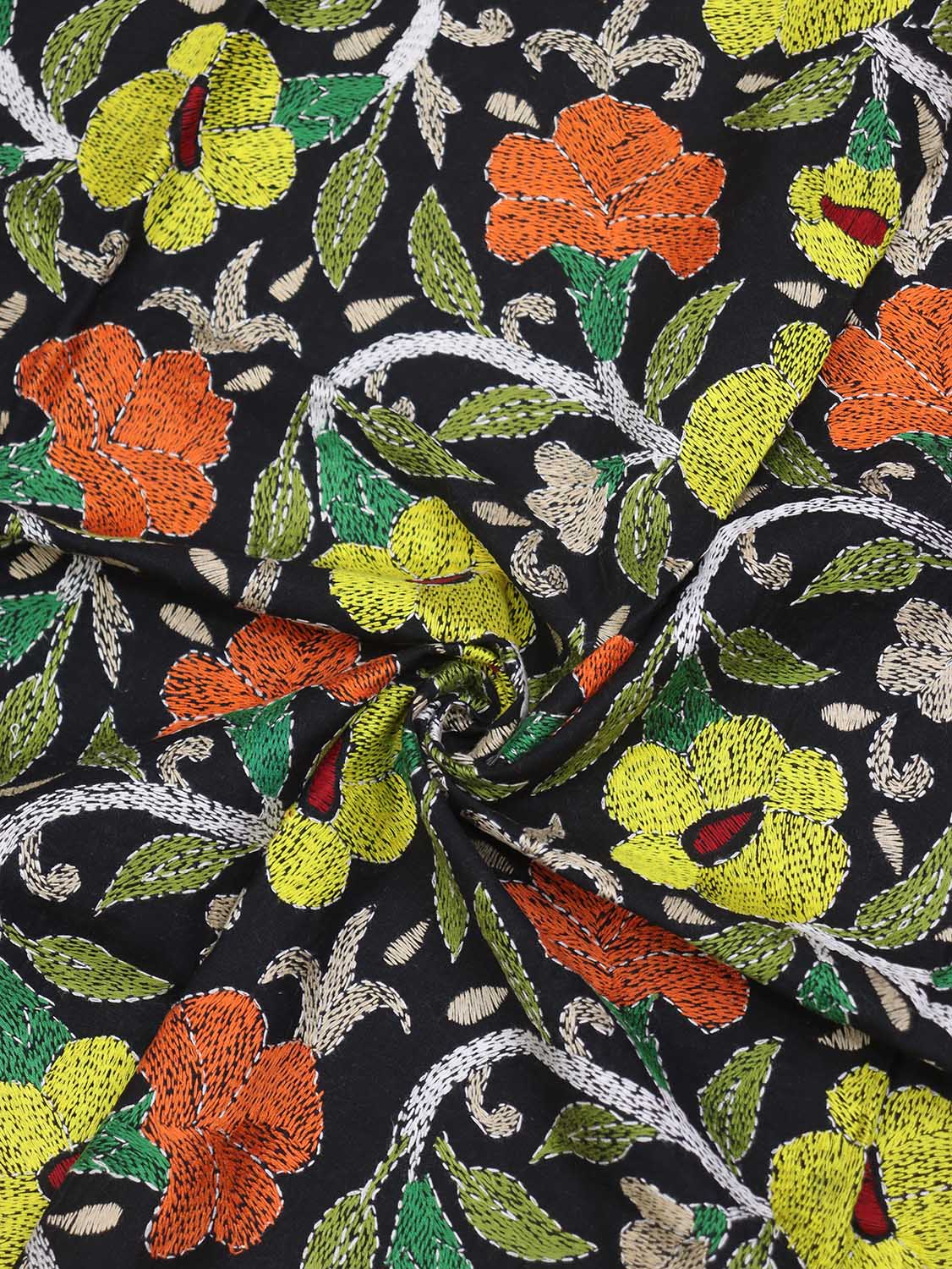 Shop Black Embroidered Kantha Cotton Blouse Fabric - 1 Mtr - Luxurion World