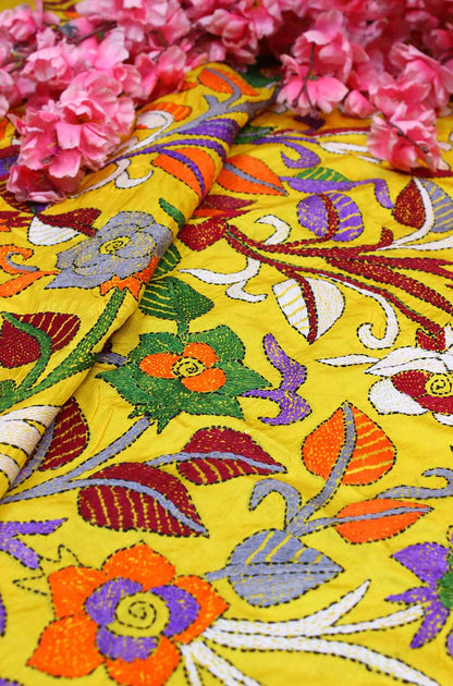 Yellow Hand Embroidered Kantha Silk Fabric ( 1 Mtr )