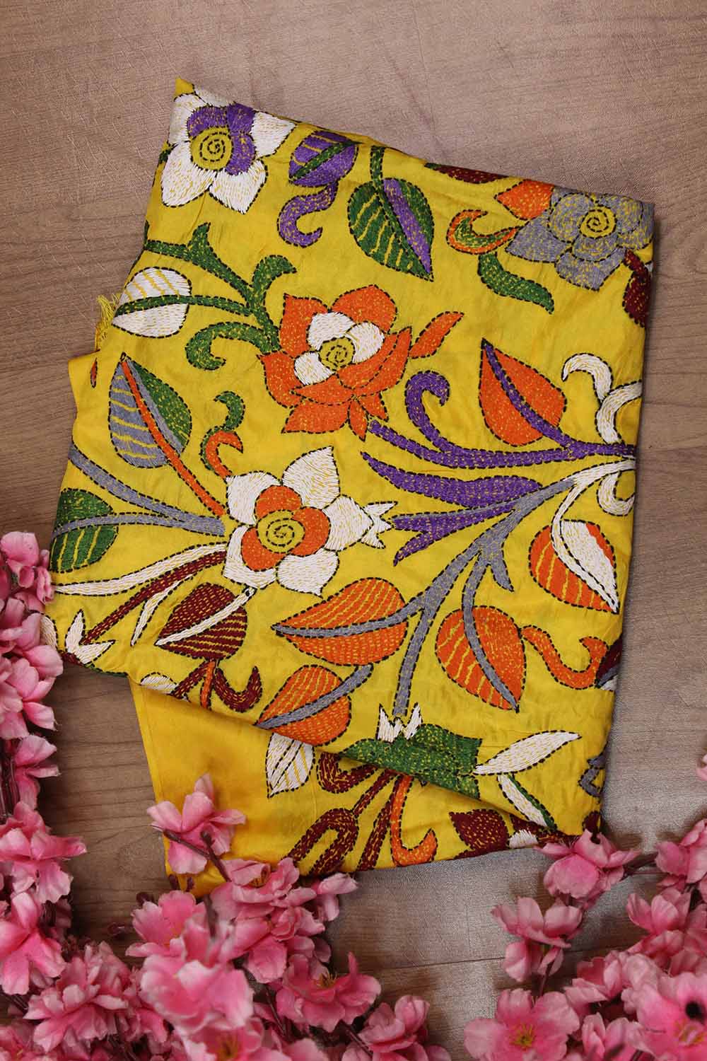 Yellow Hand Embroidered Kantha Silk Fabric ( 1 Mtr )