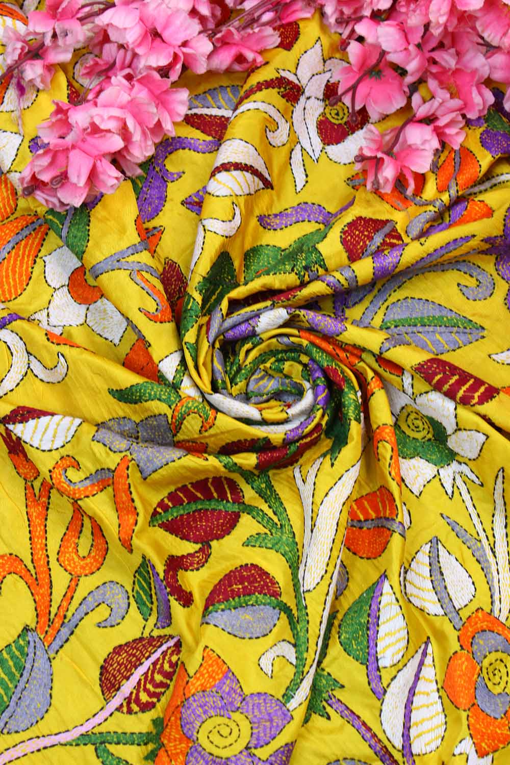 Yellow Hand Embroidered Kantha Silk Fabric ( 1 Mtr ) - Luxurion World