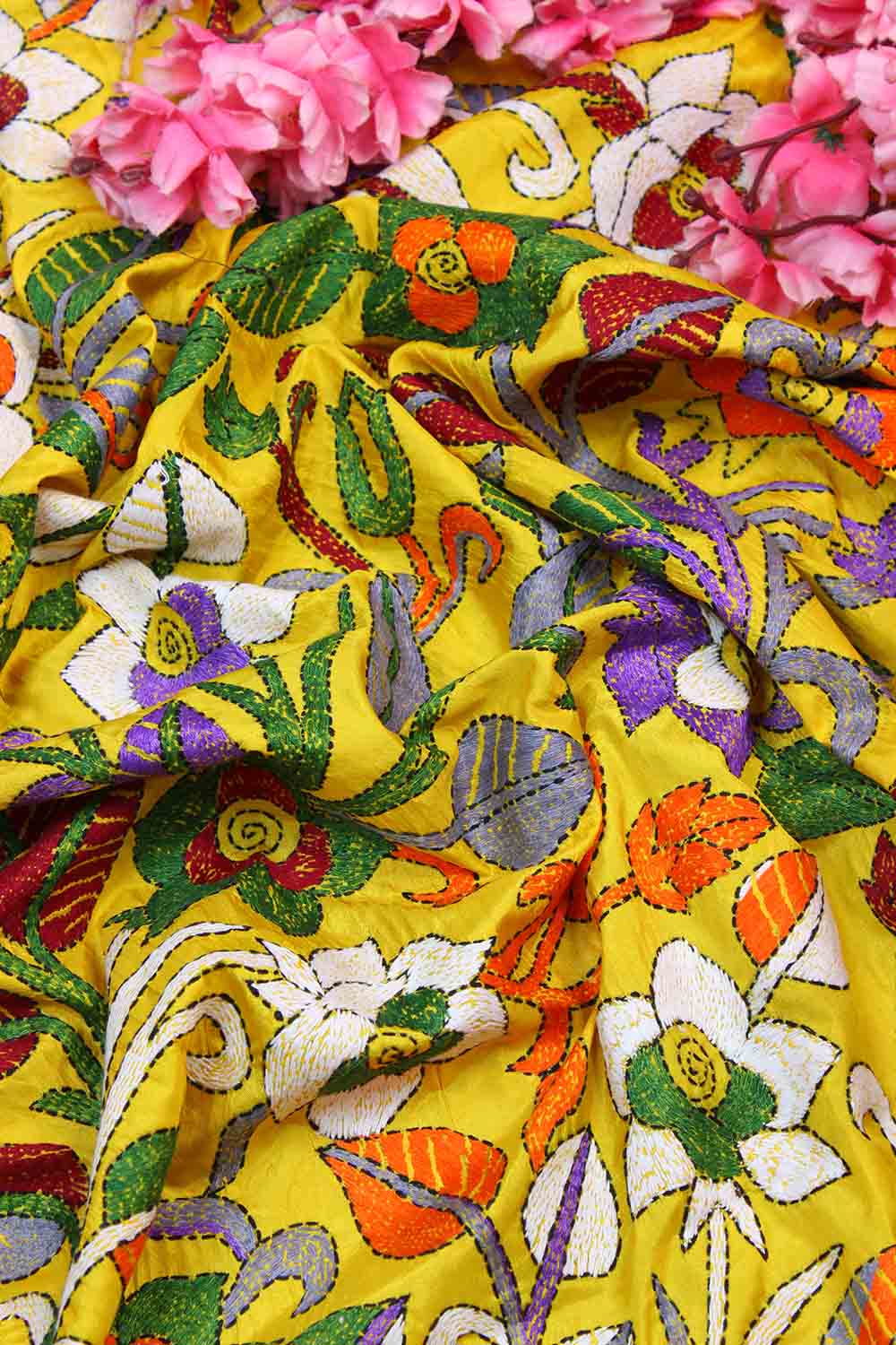 Yellow Hand Embroidered Kantha Silk Fabric ( 1 Mtr ) - Luxurion World