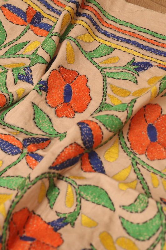 Pastel Embroidered Kantha Cotton Blouse Piece Fabric ( 1 Mtr ) - Luxurion World