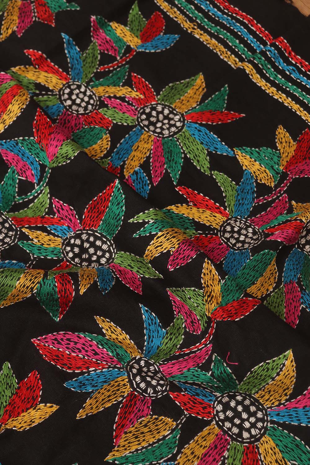 Black Embroidered Kantha Cotton Blouse Piece Fabric ( 1 Mtr ) - Luxurion World